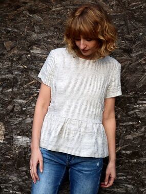 OFFON Clothing medium weight linen beige white striped top ruffle blouse size M